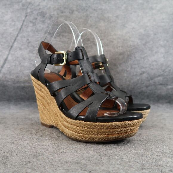 Sofft Shoes Womens 8.5 Sandals Wedge Espadrille Leather Strappy Platform Black - Picture 1 of 14